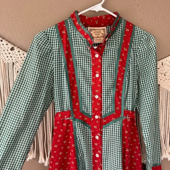 Vintage Gunne Sax Prairie dress Red Green Gingham Floral - Picture 3 of 13